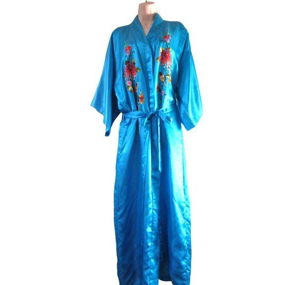 Turquoise Intricately Embroidered Flowers Birds Kimono Style Robe Lg. See Notes - Picture 1 of 12